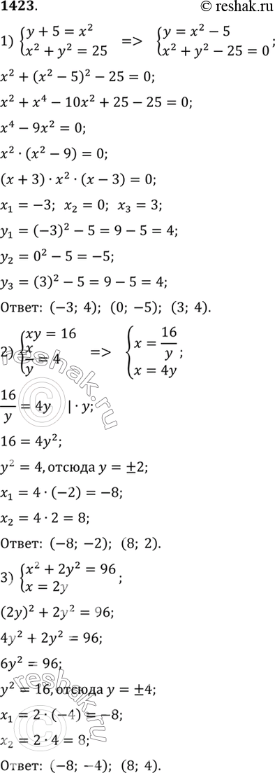 Изображение Найти действительные (1423—1425).1423 1)системаy+5=x2,x2+y2=23;2) система xy=16,x/y=4;3)...