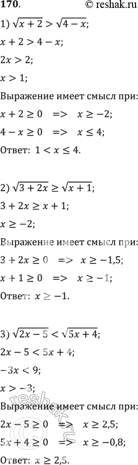 Изображение 170. 1) корень (x+2) > корень (4-x);2) корень (3+2x) >= корень (x+1);3) корень (2x-5) < корень (5x+4);4) корень (3x-2) > x-2;5) корень (5x+11) > x+3;6) корень...