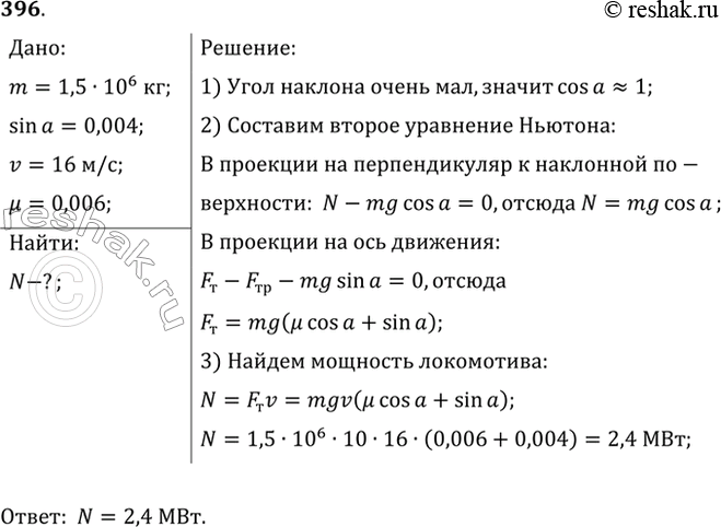 Изображение Поезд массой 1500 т движется на подъем, равный 0,004, со скоростью 16 м/с при коэффициенте сопротивления 0,006. Какова полезная мощность...