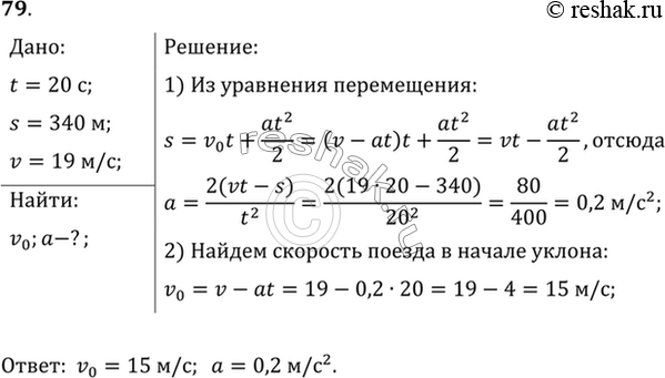 Изображение Поезд, двигаясь под уклон, прошел за 20 с путь 340 м и развил скорость 19 м/с. С каким ускорением двигался поезд и какой была скорость в начале...