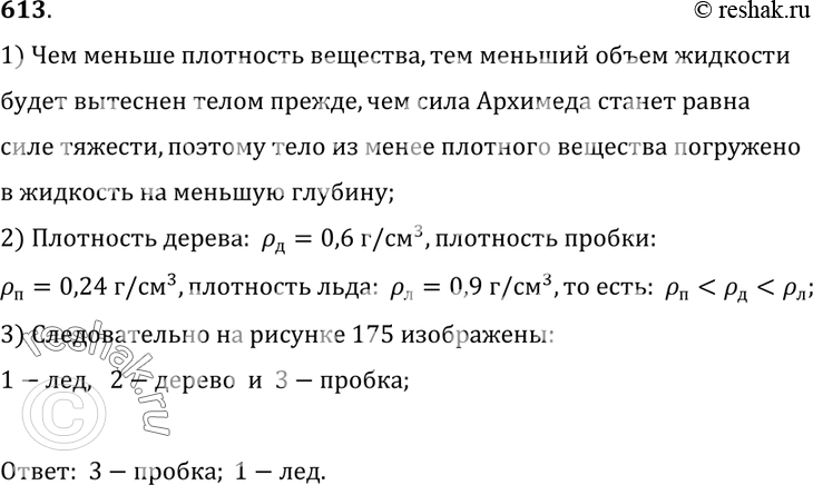 Изображение 613.	На поверхности воды плавают бруски из дерева, пробки и льда (рис. 185). Укажите, какой брусок пробковый, а какой из льда.1) Чем меньше плотность вещества, тем...